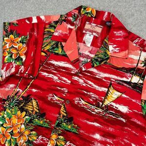 RJC Hawaiian Shirt‎ Mens Medium Red Floral Tropical Sailboats Short Sleeve 102C